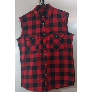 Mens Black Red Buffalo Plaid M Sleeveless Flannel Shirt Retro Y2k 90s Streetwear